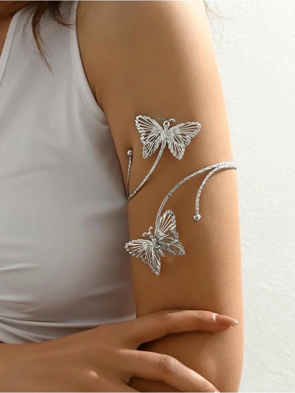 Upper Arm Silver Tone Butterfly Open Cuff Bracelet Band. Adjustable.